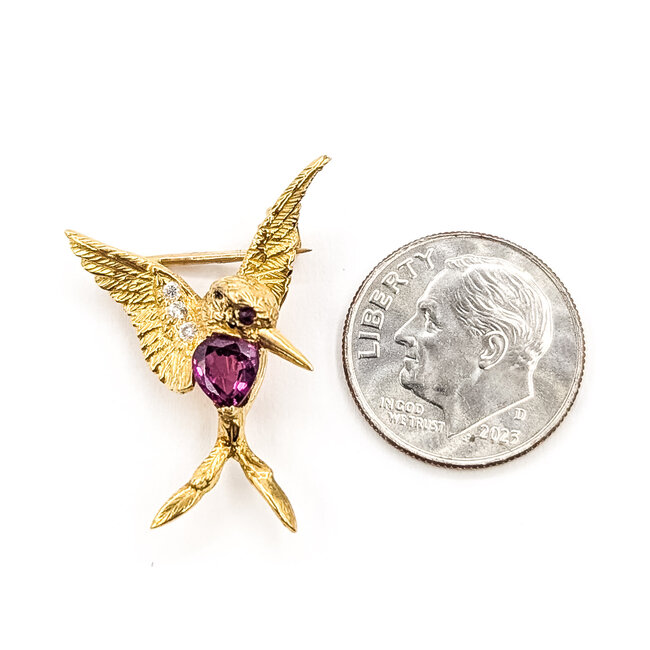 Brooch Whimsical Hummingbird  0.03ctw Round Diamonds  0.50ct Red Ruby    18ky  1x.75" 3.7g 226070129