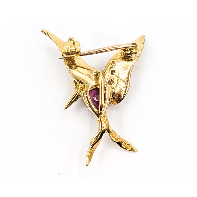 Brooch Whimsical Hummingbird  0.03ctw Round Diamonds  0.50ct Red Ruby    18ky  1x.75" 3.7g 226070129