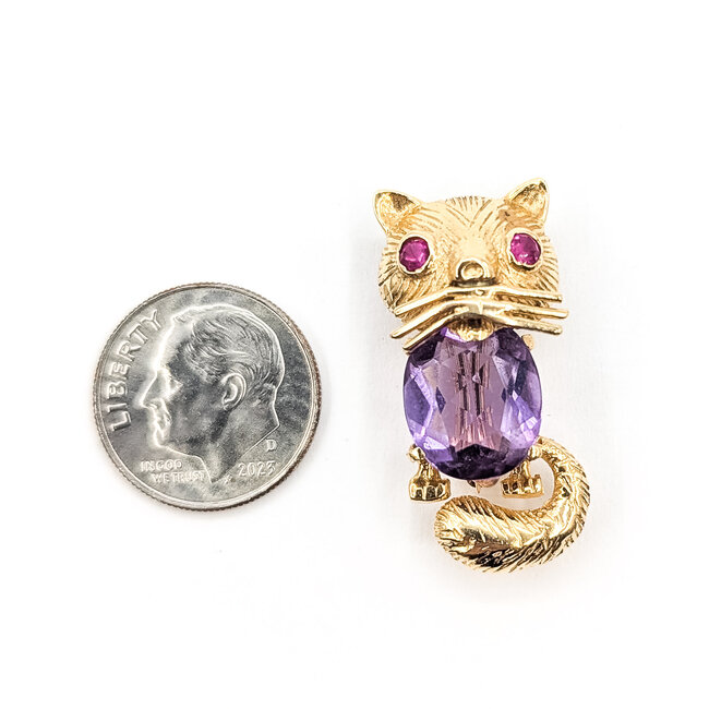 Brooch Whimsical Cat      0.14ct Red Ruby 6.5ct Purple Amethyst 14ky  1.15x.5" 5.71g 226070133