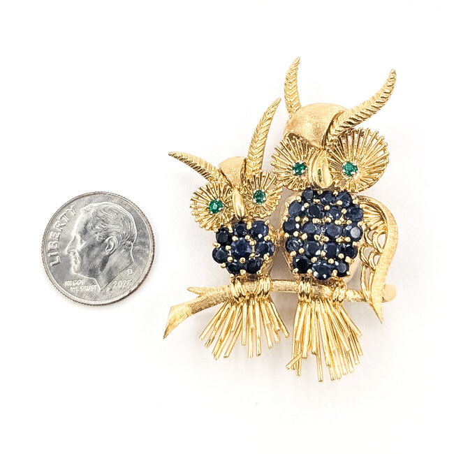 Brooch Horned Owl      2.86ct Blue Sapphire 0.32ct Green Emerald 18ky  1.9x1.4" 22.93g 226070145