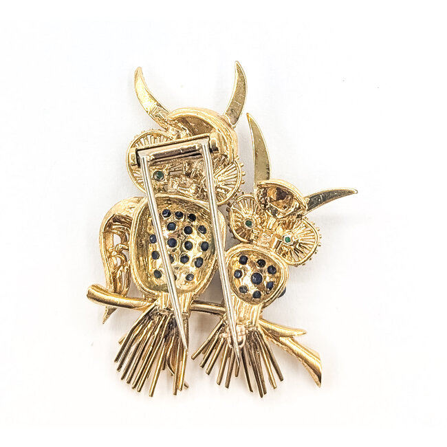Brooch Horned Owl      2.86ct Blue Sapphire 0.32ct Green Emerald 18ky  1.9x1.4" 22.93g 226070145