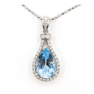 Pendant Tear Drop 0.40ctw Round Diamonds 4.64ct Blue Aquamarine 18kw 32x14mm 16" 3.65g 226070138