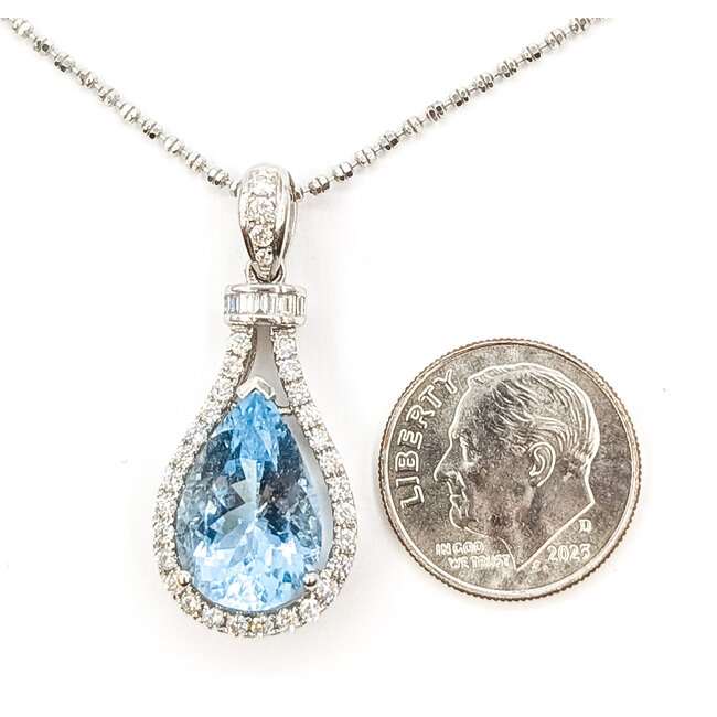 Pendant Tear Drop 0.40ctw Round Diamonds 4.64ct Blue Aquamarine 18kw 32x14mm 16" 3.65g 226070138