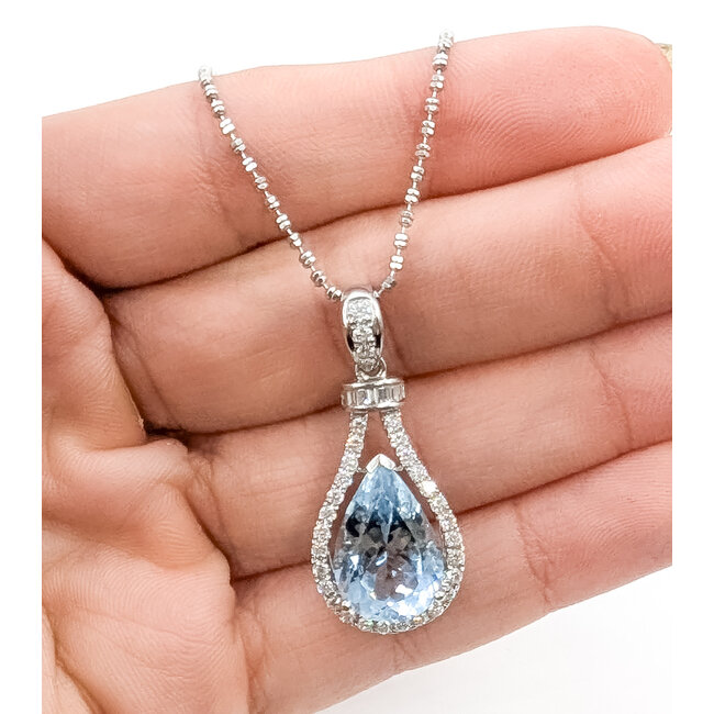 Pendant Tear Drop 0.40ctw Round Diamonds 4.64ct Blue Aquamarine 18kw 32x14mm 16" 3.65g 226070138