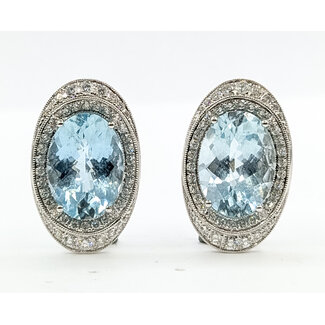 Earrings Halo Milgrain 0.64ctw Round Diamonds  11.10ct Blue Aquamarine    14kw 24x15mm  12.00g 226070140