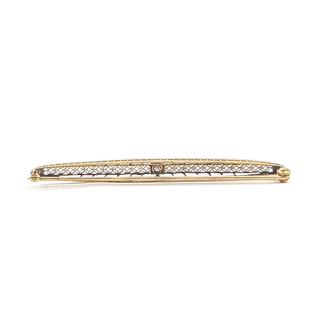 Brooch Open Work Filigree Solitaire 0.04ctw Old European Diamonds        14ky  2.5x.2" 3.85g 226070068