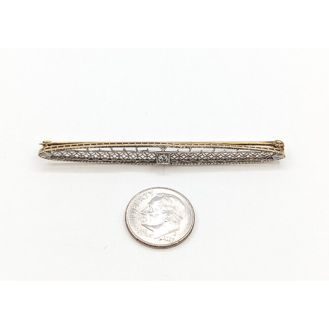 Brooch Open Work Filigree Solitaire 0.04ctw Old European Diamonds        14ky  2.5x.2" 3.85g 226070068