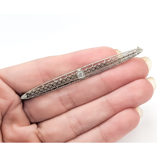 Brooch Open Work Filigree Solitaire 0.04ctw Old European Diamonds        14ky  2.5x.2" 3.85g 226070068