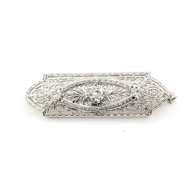 Brooch Filigree 3-Stone 0.79ctw Old European Diamonds GIA Report: 2235126960       14kw  2x.6" 7.27g 226070069