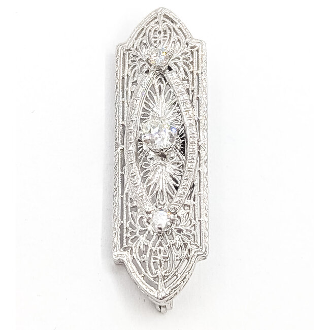 Brooch Filigree 3-Stone 0.79ctw Old European Diamonds GIA Report: 2235126960       14kw  2x.6" 7.27g 226070069