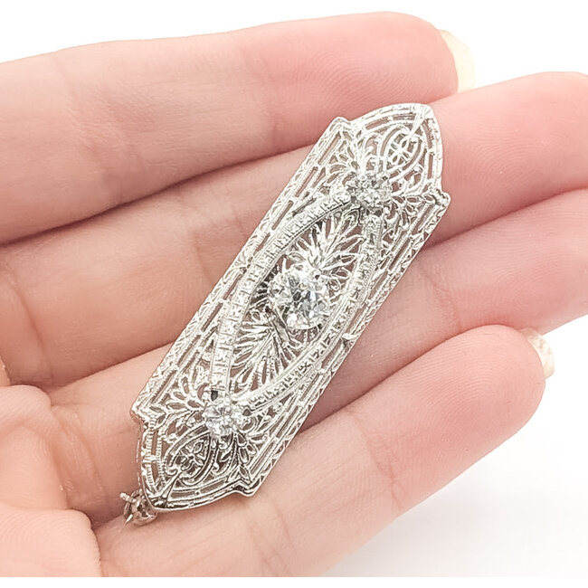 Brooch Filigree 3-Stone 0.79ctw Old European Diamonds GIA Report: 2235126960       14kw  2x.6" 7.27g 226070069