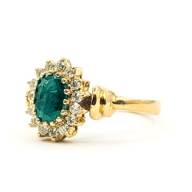 Ring Halo Tapered Band 0.23ctw Round Diamonds  0.50ct Green Emerald    14ky 2.5mm Sz6 3.48g 226070084