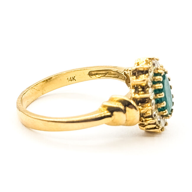 Ring Halo Tapered Band 0.23ctw Round Diamonds  0.50ct Green Emerald    14ky 2.5mm Sz6 3.48g 226070084