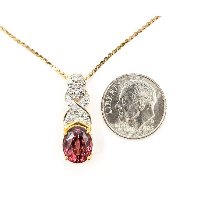 Necklace Drop Pave 0.16ctw Round Diamonds  5.04ct Dark Pink Spinel    14ky 24x8mm 18" 6.07g 226070114