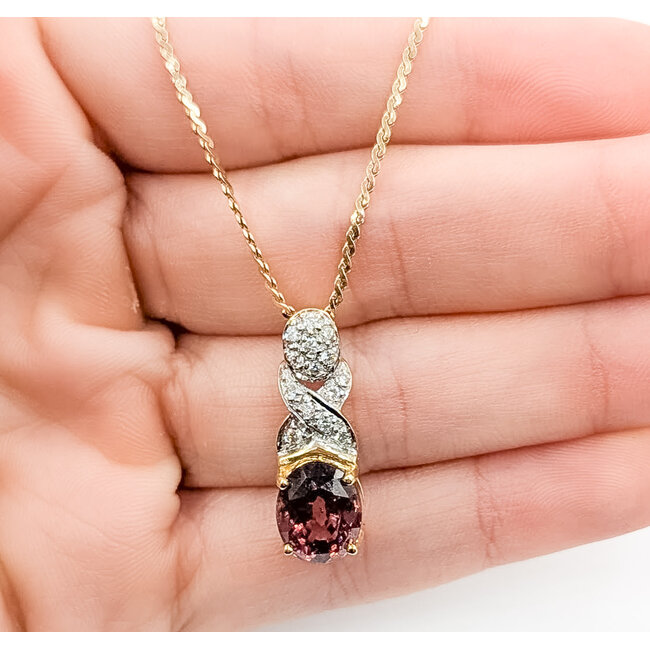 Necklace Drop Pave 0.16ctw Round Diamonds  5.04ct Dark Pink Spinel    14ky 24x8mm 18" 6.07g 226070114