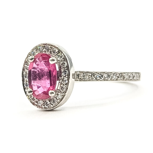 Ring Halo  0.10ctw Round Diamonds  0.76ct Pink Sapphire    Platinum 1.8mm Sz6.5 4.94g 226070090