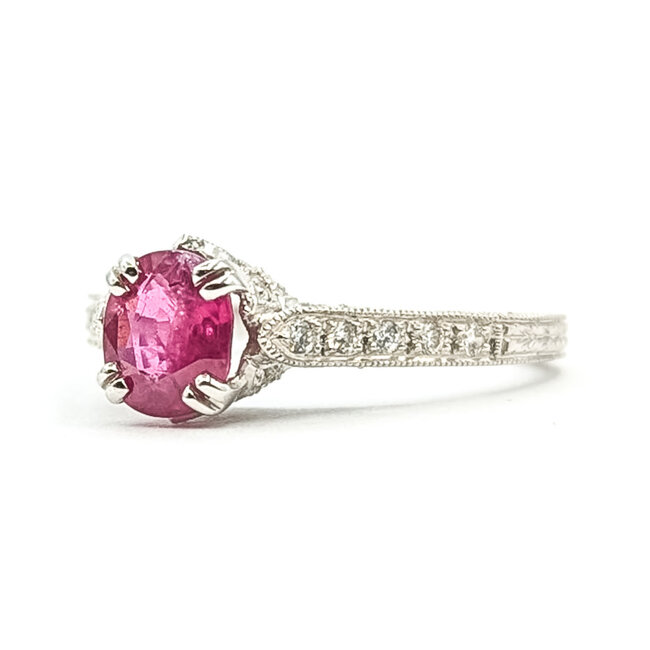 Ring Milgrain Halo 0.32ctw Round Diamonds  0.80ct Red Ruby    18kw 7mm Sz5.25 2.65g 226070087