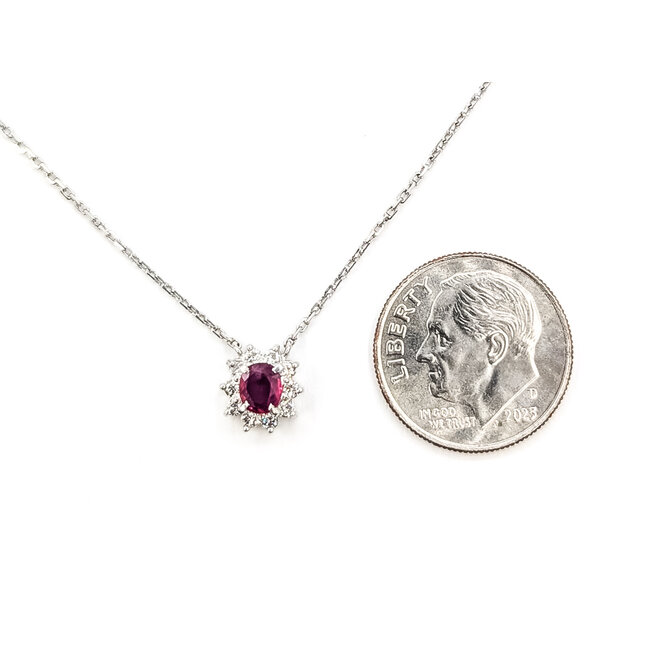 Necklace Halo  0.12ctw Round Diamonds  0.26ct Red Ruby    Platinum 8x7mm 15.5" 2.90g 226070095
