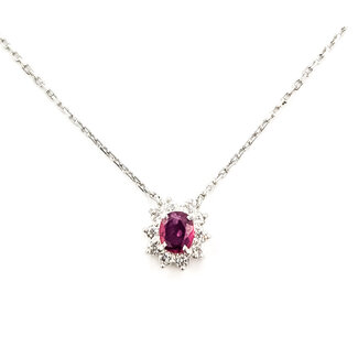 Necklace Halo  0.12ctw Round Diamonds  0.26ct Red Ruby    Platinum 8x7mm 15.5" 2.90g 226070095