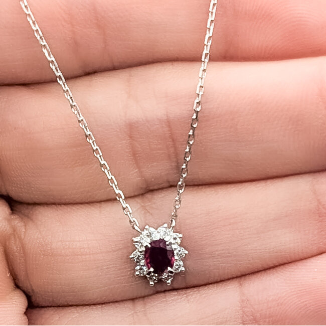 Necklace Halo  0.12ctw Round Diamonds  0.26ct Red Ruby    Platinum 8x7mm 15.5" 2.90g 226070095