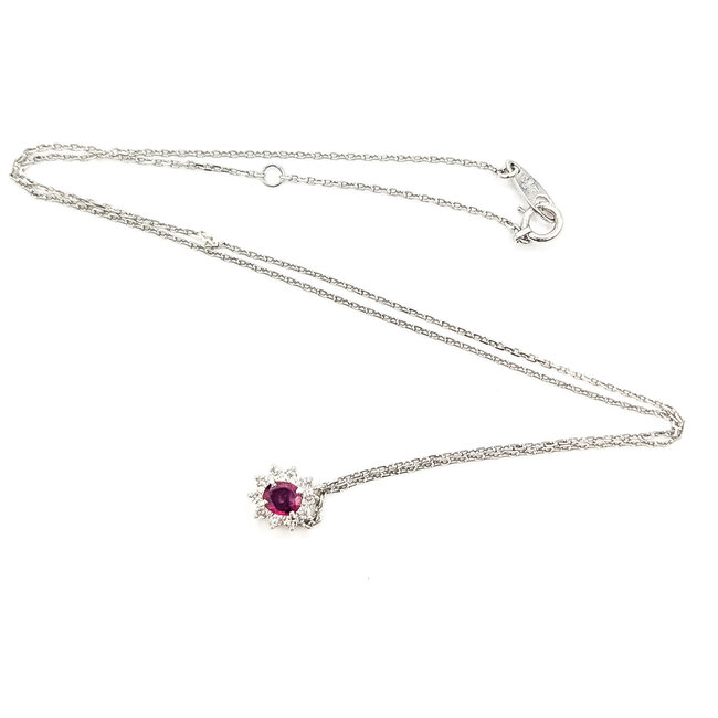 Necklace Halo  0.12ctw Round Diamonds  0.26ct Red Ruby    Platinum 8x7mm 15.5" 2.90g 226070095