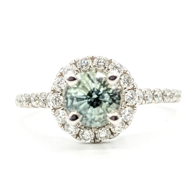 Ring Halo Solitare 0.36ctw Round Diamonds GIA Report: 5221468572 0.87ct Light Blue Sapphire    14kw 9mm Sz4.25 2.60g 226070099