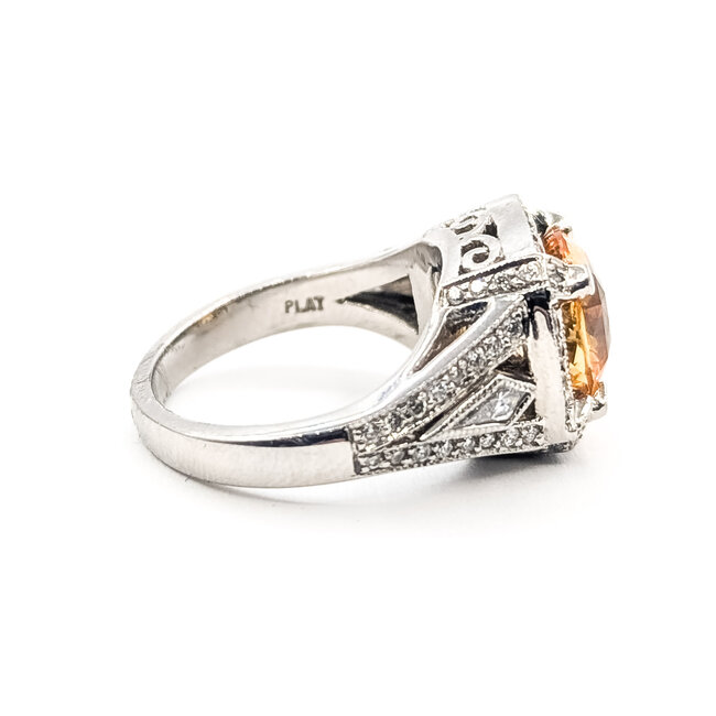 Ring Halo Ornate Open Work 0.80ctw Round Diamonds GIA Report: 2235953862 3.66ct Unheated Orange-Yellow Sapphire    Platinum 3.3mm Sz5.5 13.20g 226070149