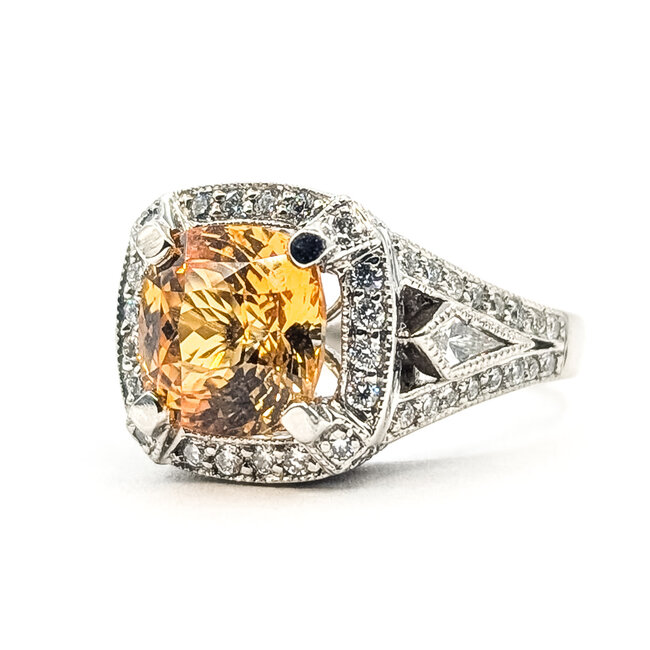 Ring Halo Ornate Open Work 0.80ctw Round Diamonds GIA Report: 2235953862 3.66ct Unheated Orange-Yellow Sapphire    Platinum 3.3mm Sz5.5 13.20g 226070149