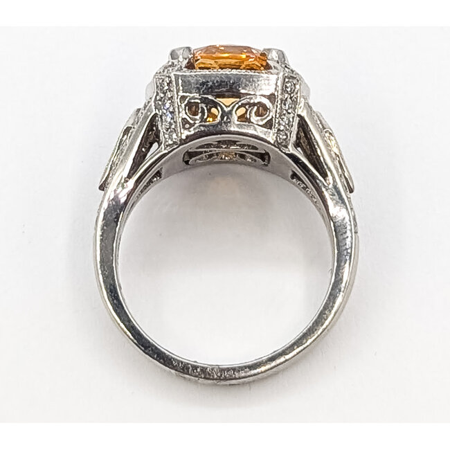 Ring Halo Ornate Open Work 0.80ctw Round Diamonds GIA Report: 2235953862 3.66ct Unheated Orange-Yellow Sapphire    Platinum 3.3mm Sz5.5 13.20g 226070149