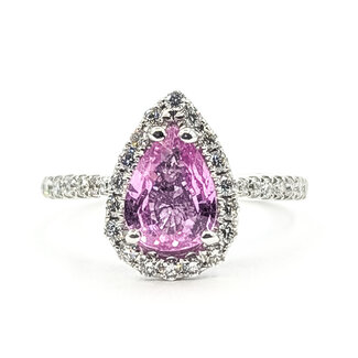 Ring Tear Drop Halo 0.43ctw Round Diamonds GIA Report: 6237917077 1.25ct Pink Sapphire    14kw 1.8mm Sz5 2.82g 226070108
