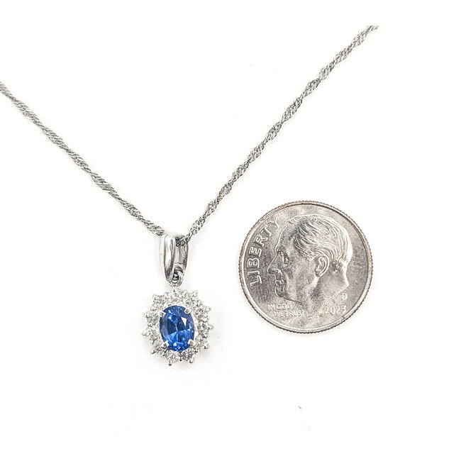Pendant Drop Halo 0.36ctw Round Diamonds  0.93ct Cornflower Blue Sapphire    Platinum 18x10mm 15.5" 3.94g 226070110