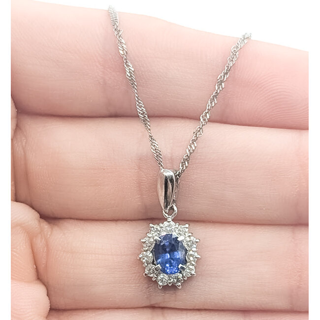 Pendant Drop Halo 0.36ctw Round Diamonds  0.93ct Cornflower Blue Sapphire    Platinum 18x10mm 15.5" 3.94g 226070110