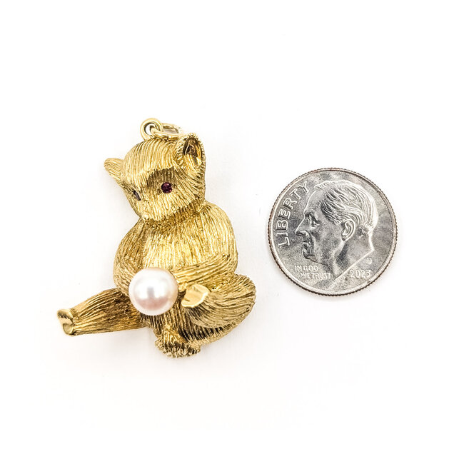 Pendant Whimsical Bear      6mm White Pearl .03ctw Red Ruby 18ky  1.25x1" 16.22g 226070141