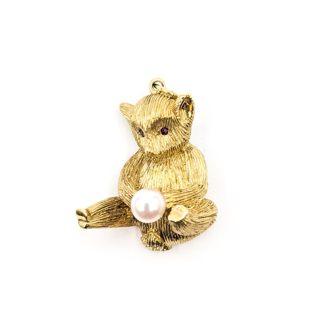 Pendant Whimsical Bear      6mm White Pearl .03ctw Red Ruby 18ky  1.25x1" 16.22g 226070141