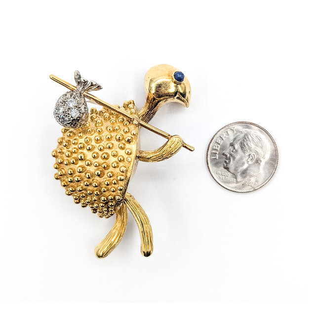 Brooch Whimsical Turtle Bindle Stick  0.15ctw Round Diamonds  .10ct Blue Sapphire    16.5ky  1.9x1.25" 22.69g 226070146