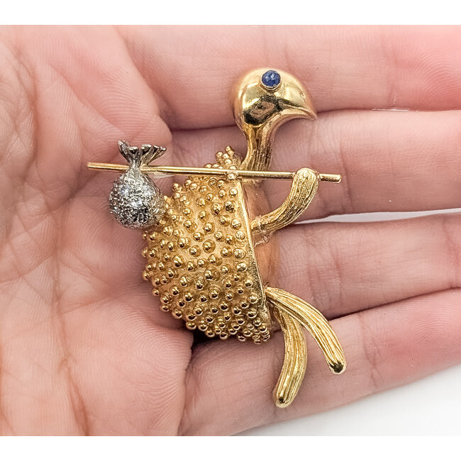 Brooch Whimsical Turtle Bindle Stick  0.15ctw Round Diamonds  .10ct Blue Sapphire    16.5ky  1.9x1.25" 22.69g 226070146