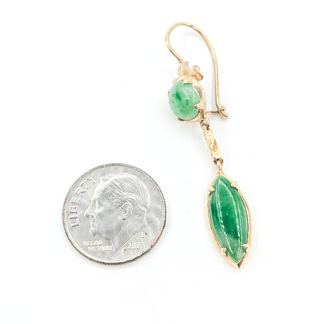 Earrings French Hook Dangle     2.5ctw Green Jade    14ky  1.75x.3" 4.52g 226070097