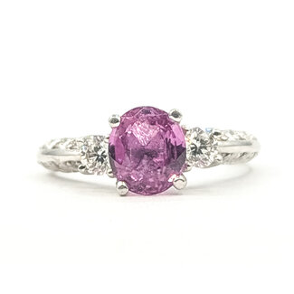 Ring 3-Stone Ornate 0.38ctw Round Diamonds GIA Report: 1206575953 1.93ct Purple-Pink Sapphire    Platinum 2.5mm Sz6.5 5.27g 226070098
