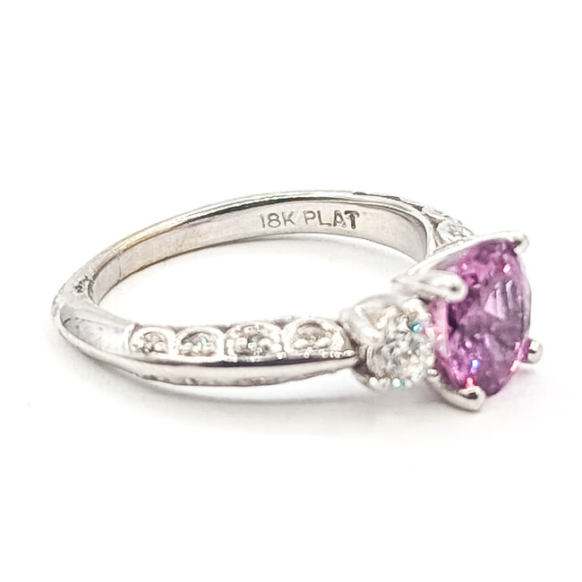 Ring 3-Stone Ornate 0.38ctw Round Diamonds GIA Report: 1206575953 1.93ct Purple-Pink Sapphire    Platinum 2.5mm Sz6.5 5.27g 226070098