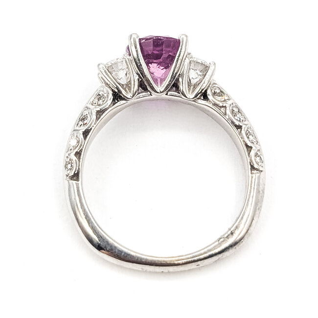 Ring 3-Stone Ornate 0.38ctw Round Diamonds GIA Report: 1206575953 1.93ct Purple-Pink Sapphire    Platinum 2.5mm Sz6.5 5.27g 226070098