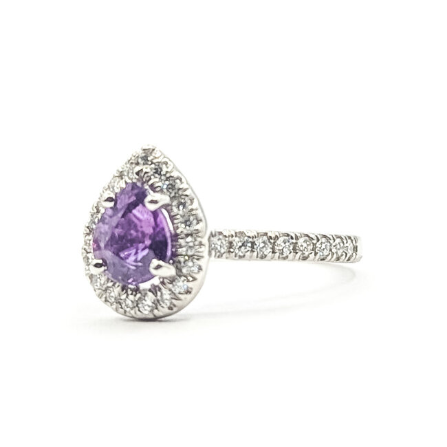 Ring Tear Drop Halo 0.26ctw Round Diamonds GIA Report: 2231153804 1.12ct Pink-Purple Sapphire    Platinum 2mm Sz5 4.91g 226070105