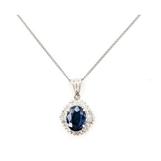 Pendant Ballerina Halo W/Chain 0.32ctw Round Diamonds  1.50ct Royal Blue Sapphire    Platinum 20x12mm 16" 4.30g 226070111