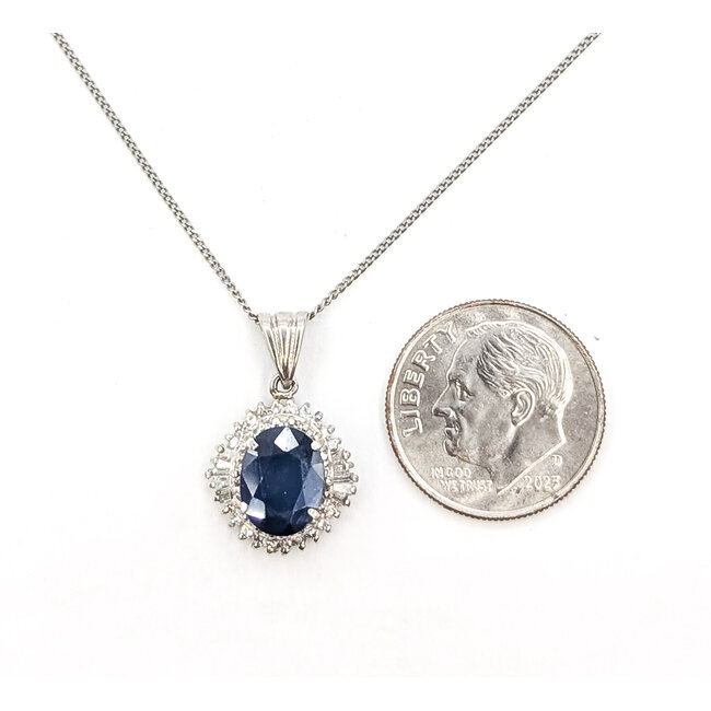 Pendant Ballerina Halo W/Chain 0.32ctw Round Diamonds  1.50ct Royal Blue Sapphire    Platinum 20x12mm 16" 4.30g 226070111