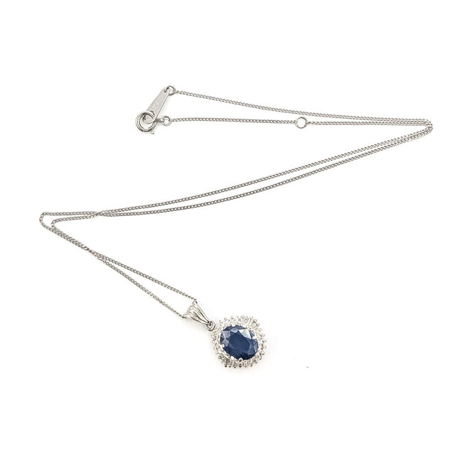 Pendant Ballerina Halo W/Chain 0.32ctw Round Diamonds  1.50ct Royal Blue Sapphire    Platinum 20x12mm 16" 4.30g 226070111