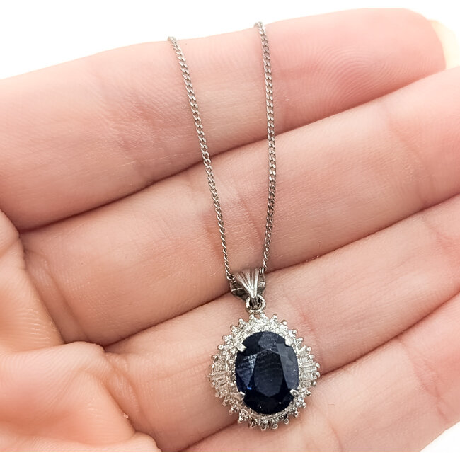Pendant Ballerina Halo W/Chain 0.32ctw Round Diamonds  1.50ct Royal Blue Sapphire    Platinum 20x12mm 16" 4.30g 226070111