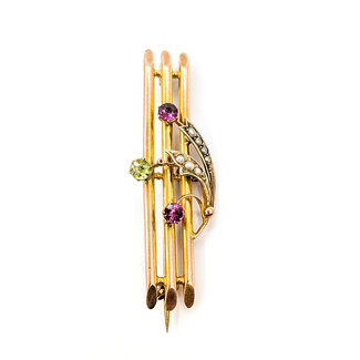 Brooch Cresent Knife Edge Bar     .36ct Pink & Green Tourmaline 1.25mm White Seed Pearl 14ky  1.6x.4" 2.54g 226070115