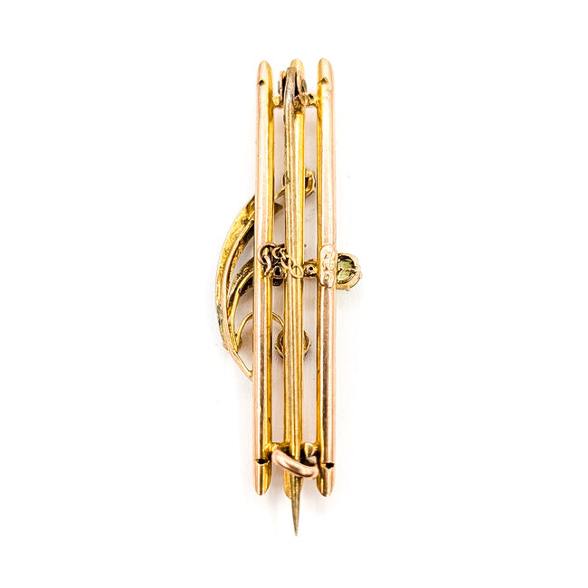 Brooch Cresent Knife Edge Bar     .36ct Pink & Green Tourmaline 1.25mm White Seed Pearl 14ky  1.6x.4" 2.54g 226070115