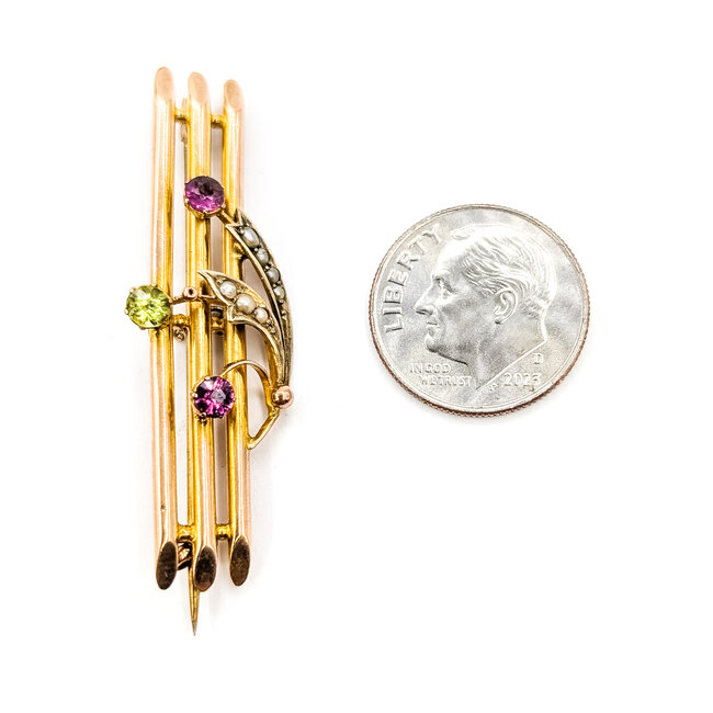 Brooch Cresent Knife Edge Bar     .36ct Pink & Green Tourmaline 1.25mm White Seed Pearl 14ky  1.6x.4" 2.54g 226070115