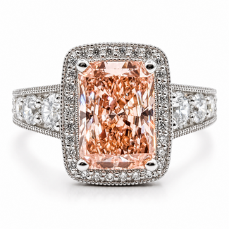 Ring Graduated Engagement Milgrain Halo 3.01ct Radiant Fancy Vivid Pink Lab Grown Diamond IGI: LG782699120 1.50ctw Colorless Lab Grown Diamonds 14kw 3mm Sz7 7.21g 126080001