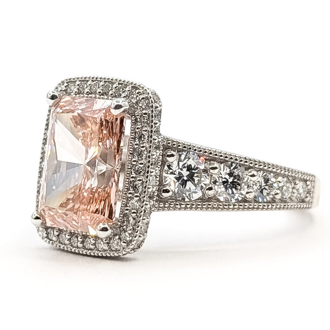 Ring Graduated Engagement Milgrain Halo 3.01ct Radiant Fancy Vivid Pink Lab Grown Diamond IGI: LG782699120 1.50ctw Colorless Lab Grown Diamonds 14kw 3mm Sz7 7.21g 126080001
